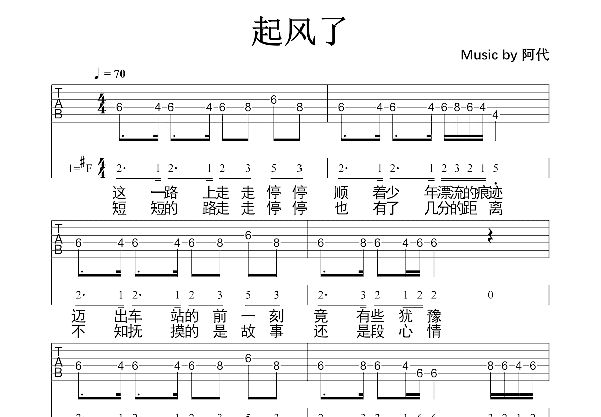 起风了吉他谱预览图