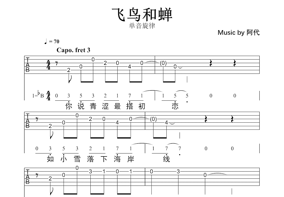 飞鸟和蝉吉他谱预览图