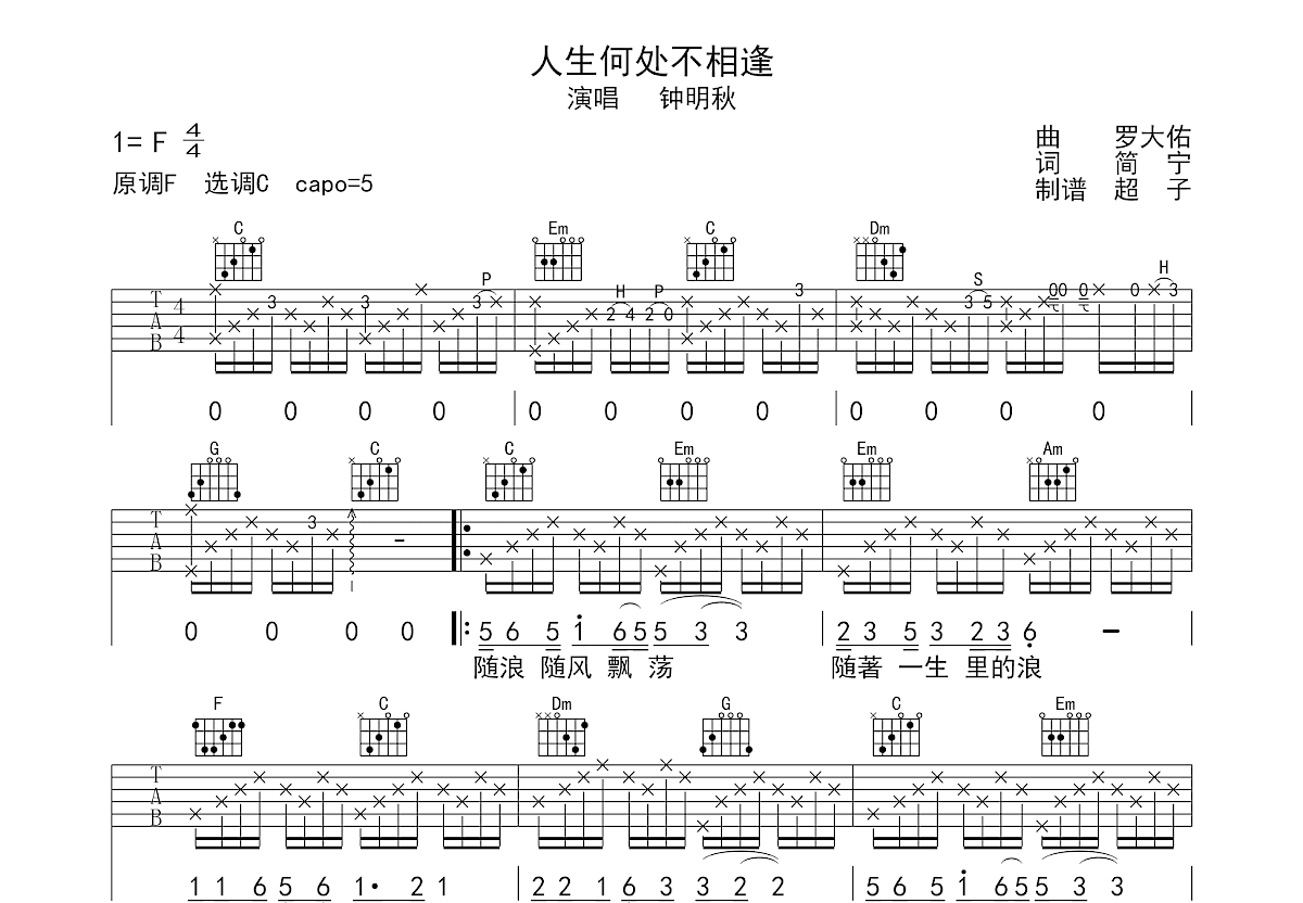 人生何处不相逢吉他谱预览图