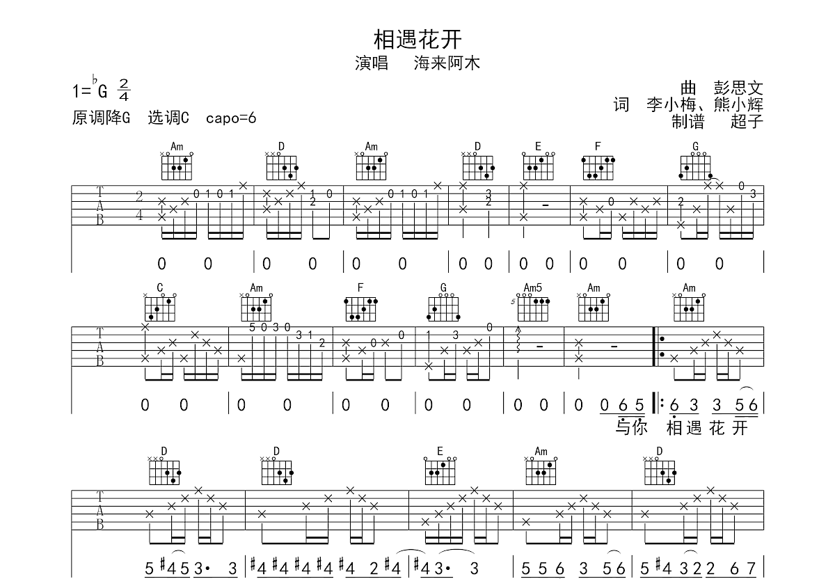 相遇花开吉他谱预览图