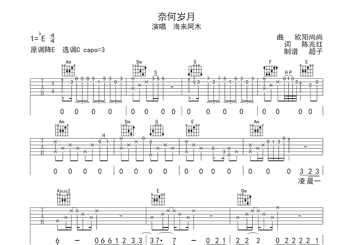 奈何岁月吉他谱预览图