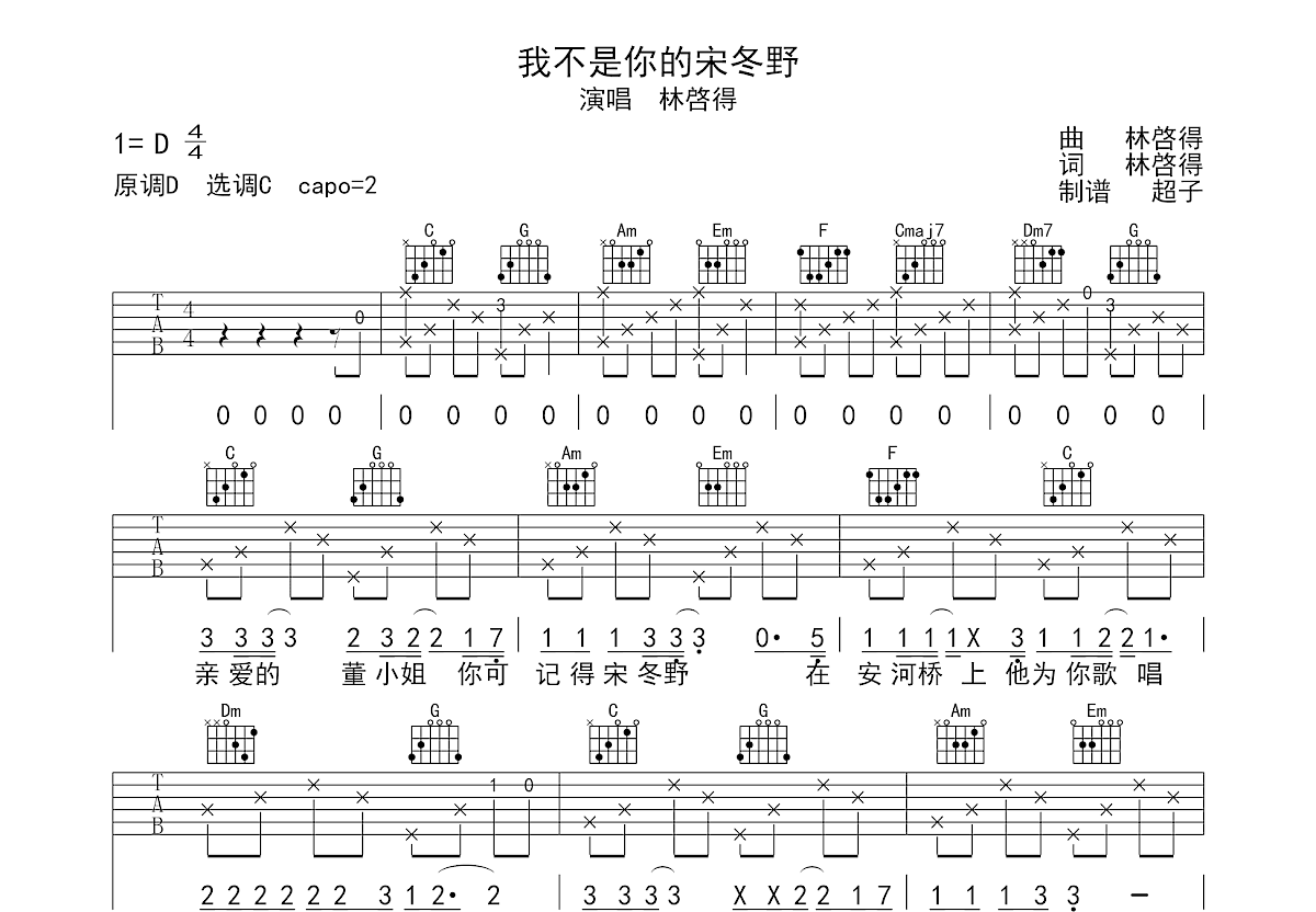 我不是你的宋冬野吉他谱预览图