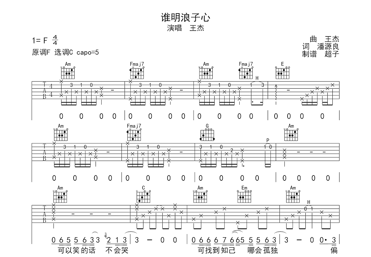 谁明浪子心吉他谱预览图