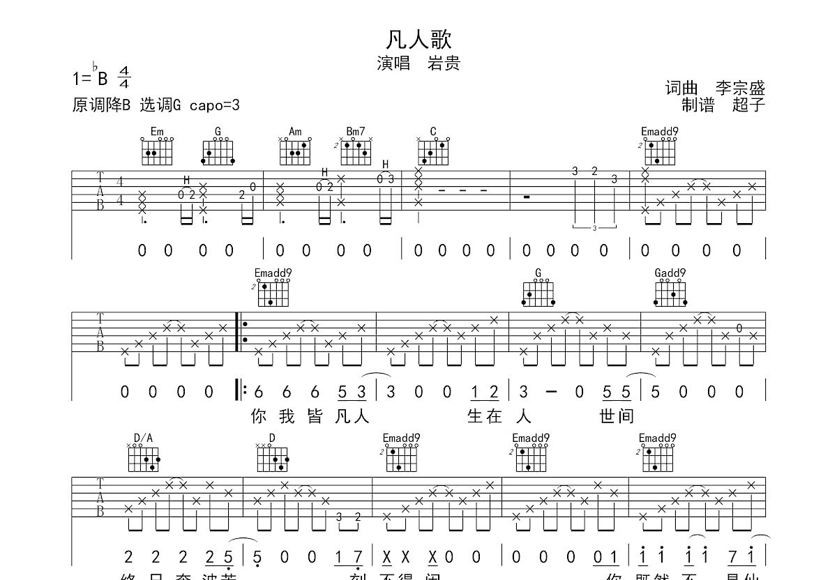 凡人歌吉他谱预览图