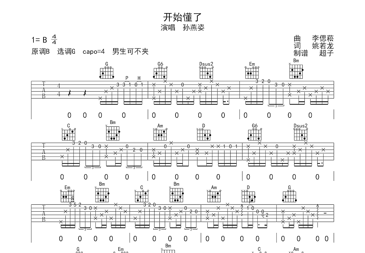 开始懂了吉他谱预览图