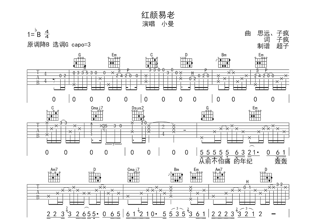 红颜易老吉他谱预览图