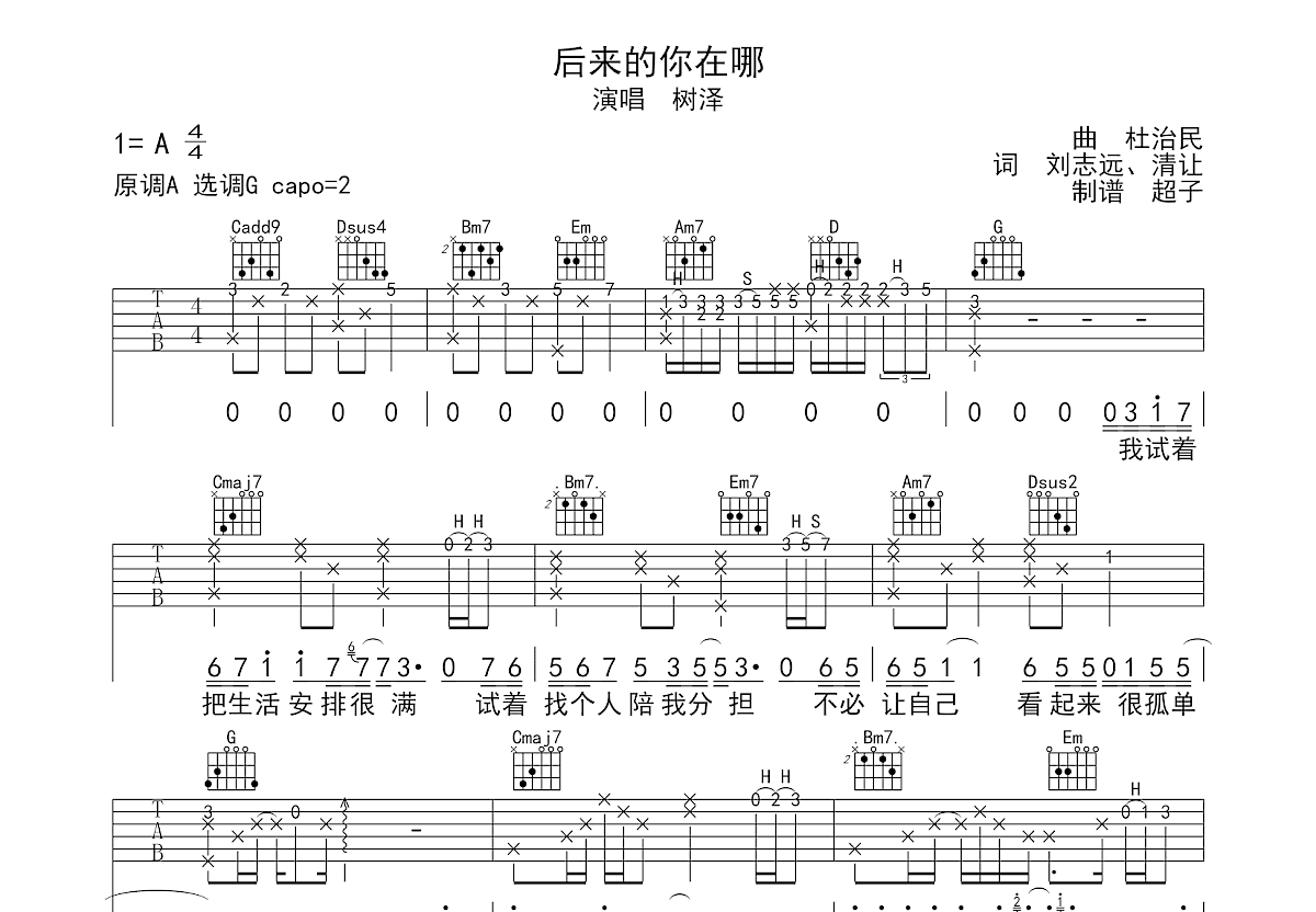 后来的你在哪吉他谱预览图