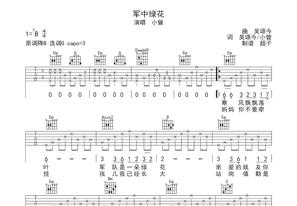 军中绿花吉他谱预览图