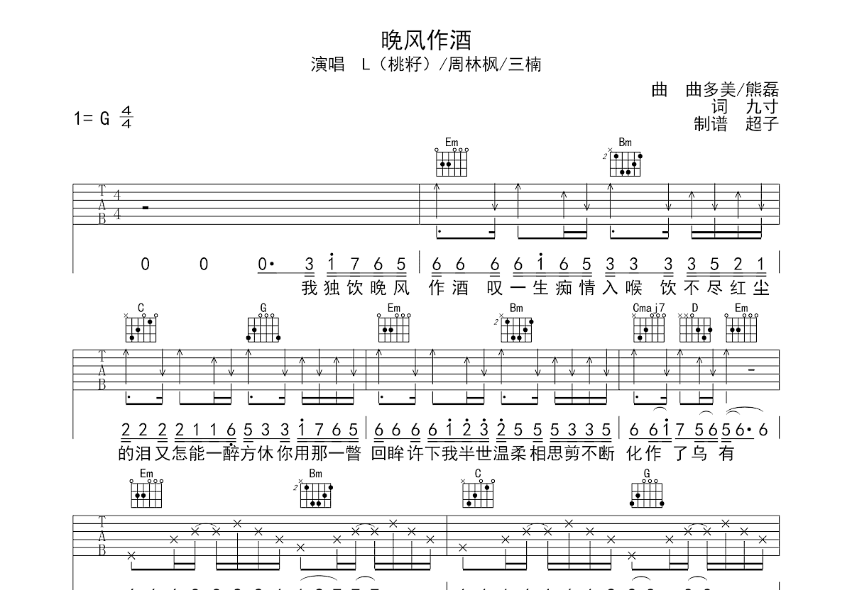 晚风作酒吉他谱预览图