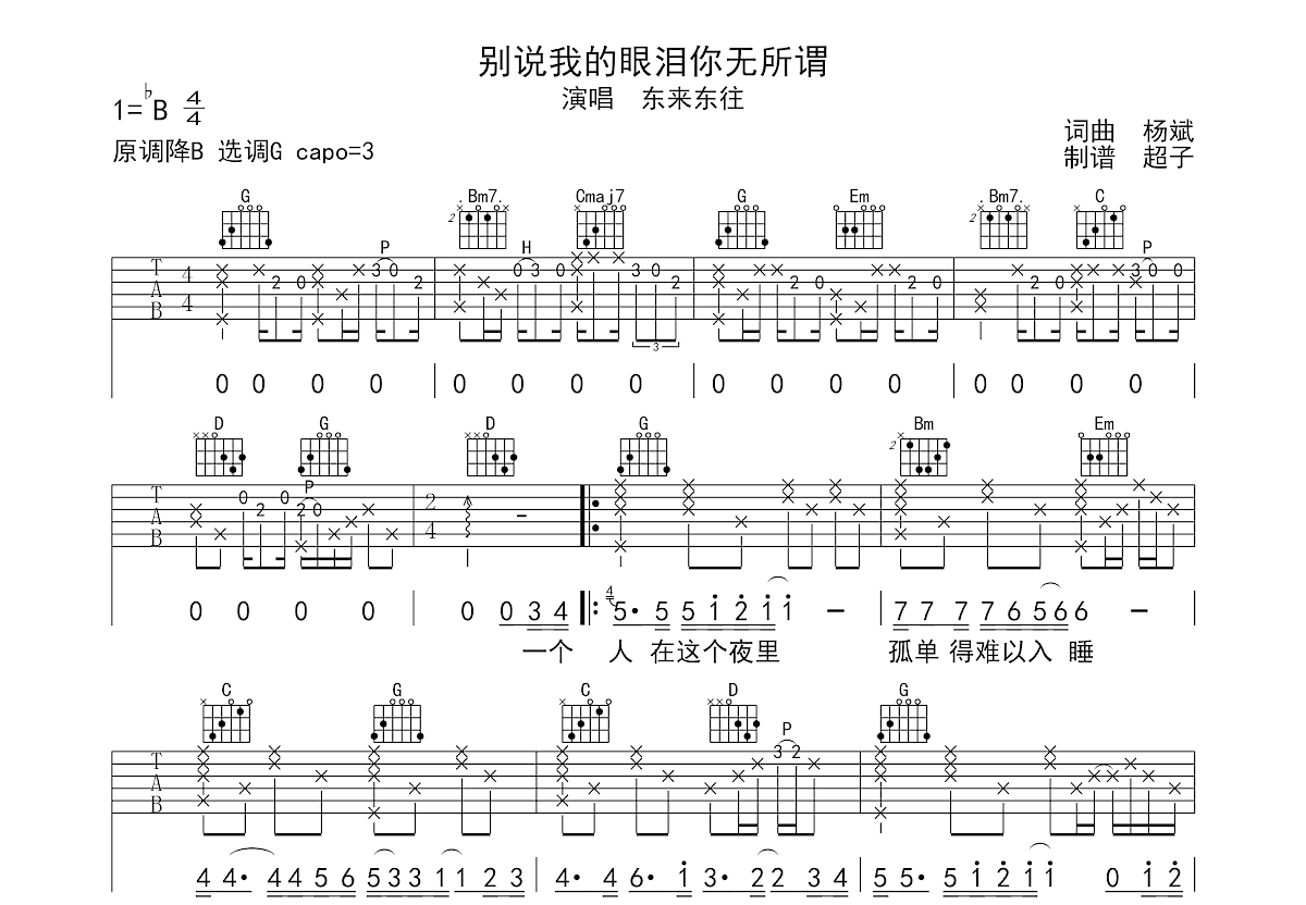 别说我的眼泪你无所谓吉他谱预览图