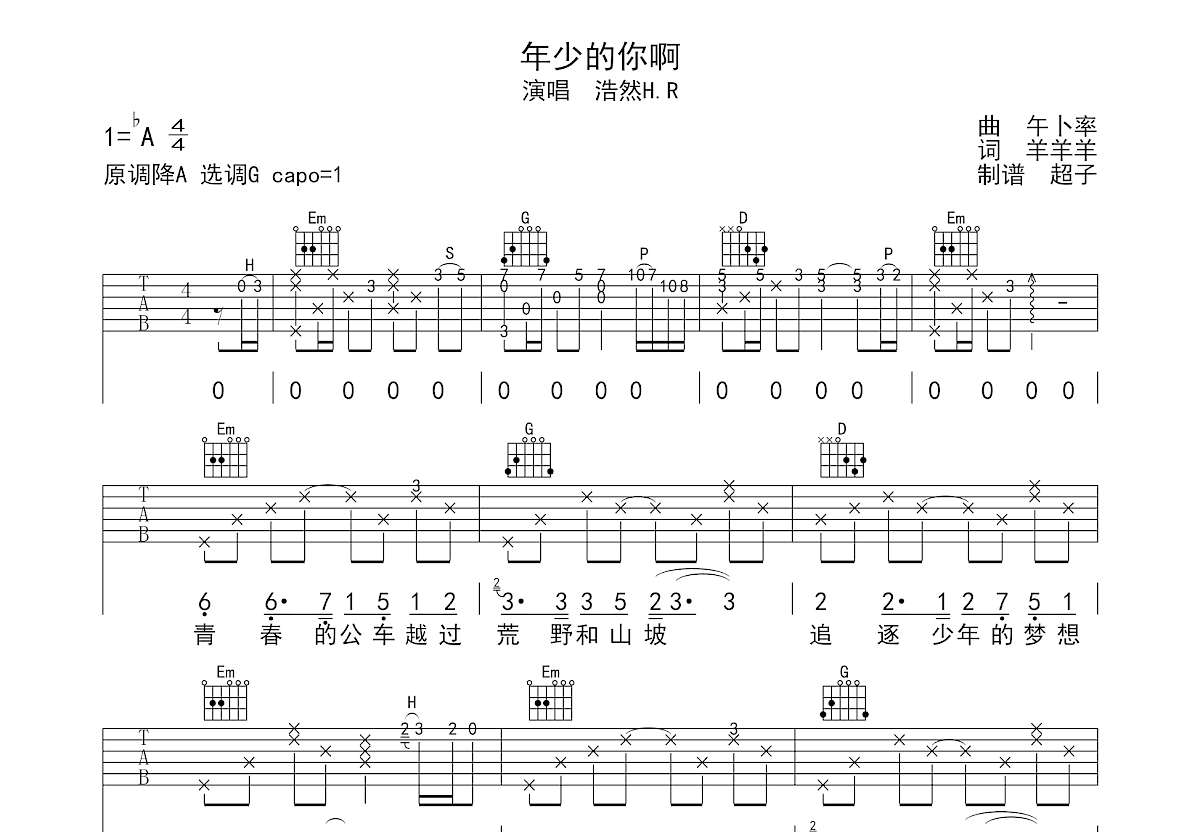 年少的你啊吉他谱预览图