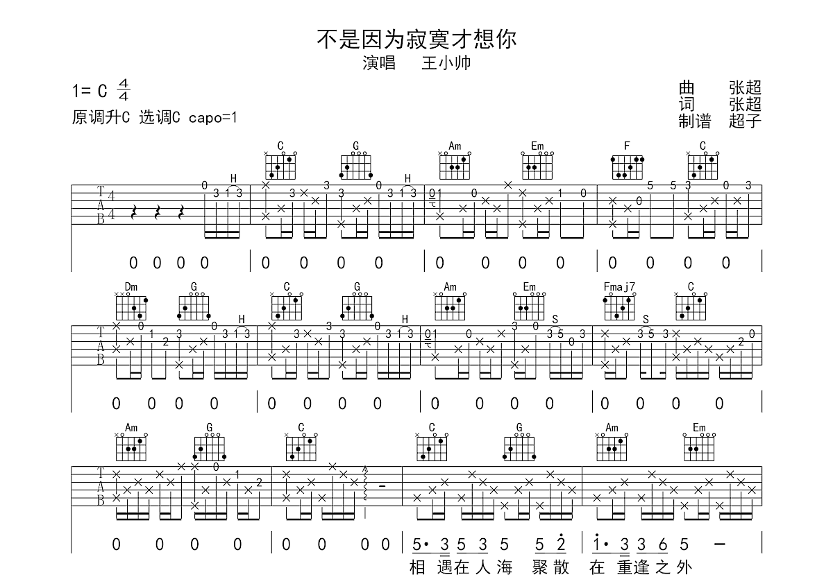 不是因为寂寞才想你吉他谱预览图