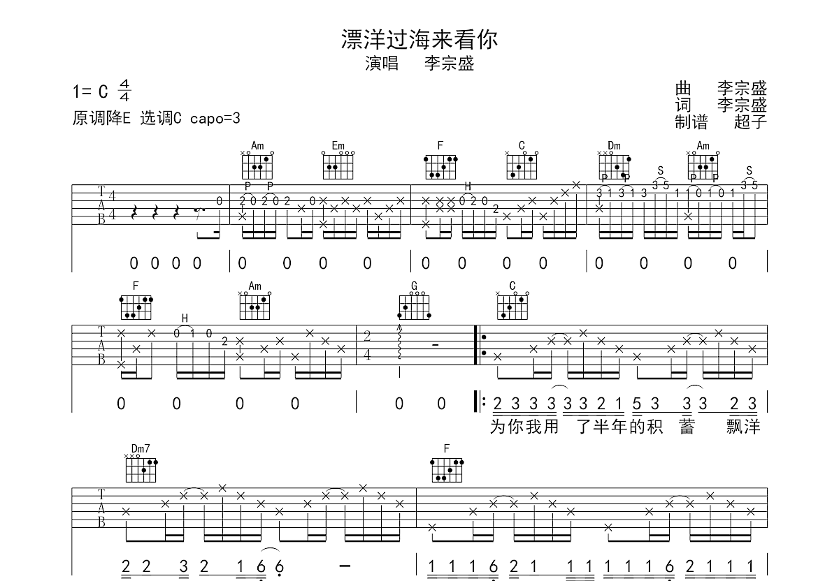 漂洋过海来看你吉他谱预览图