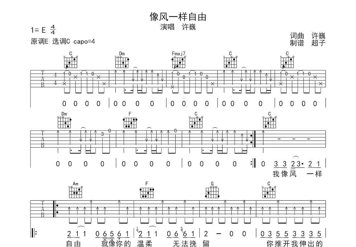 像风一样自由吉他谱许巍c调弹唱57单曲版 吉他世界 0699