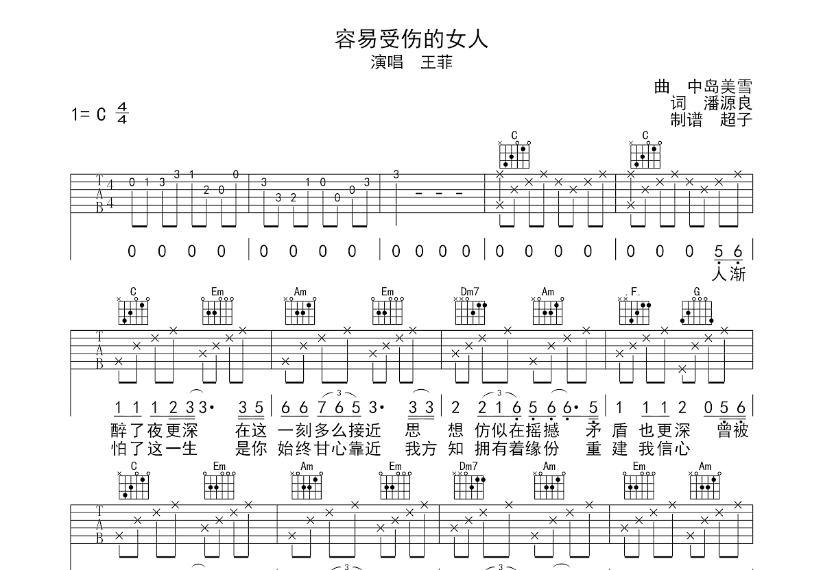 容易受伤的女人吉他谱预览图