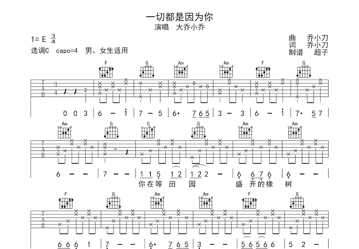 一切都是因为你吉他谱预览图