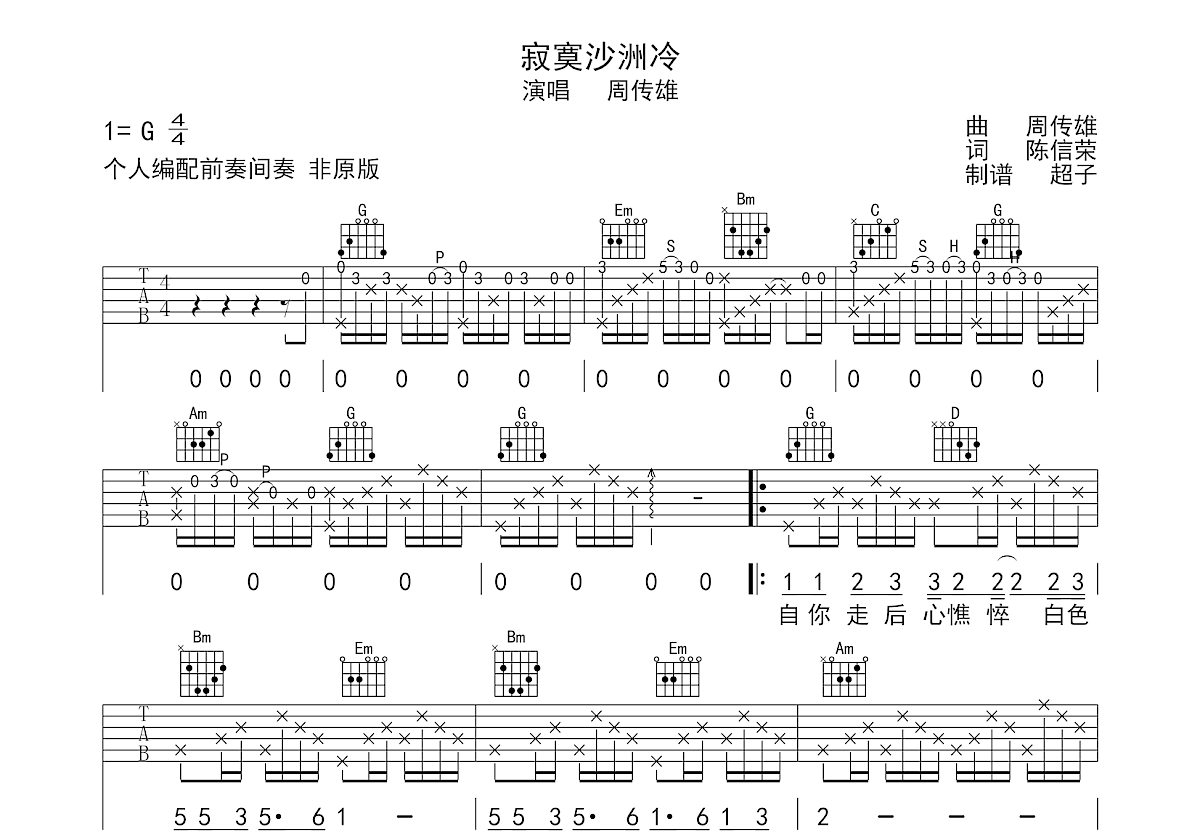 寂寞沙洲冷吉他谱预览图