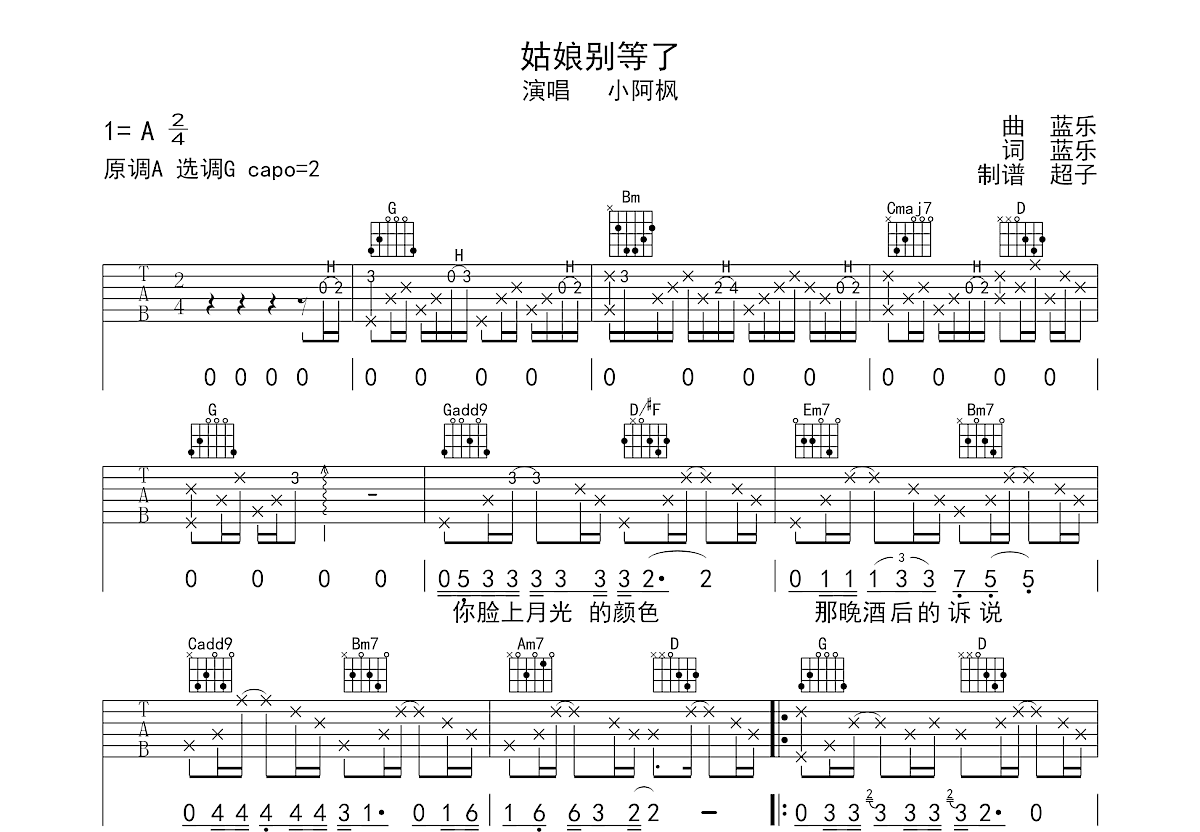 姑娘别等了吉他谱预览图