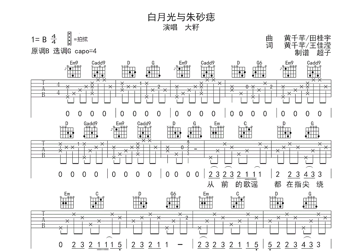 白月光与朱砂痣吉他谱预览图