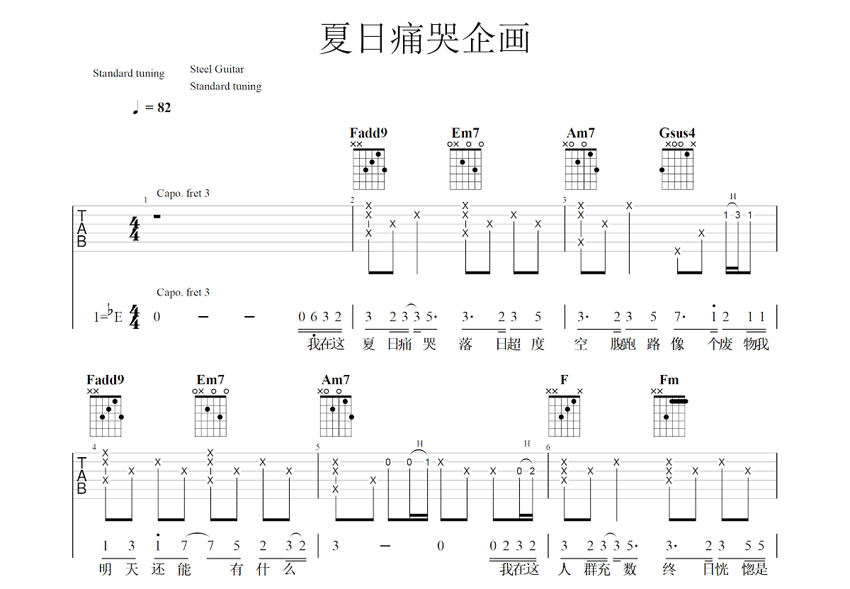 夏日痛哭企画吉他谱_转世虚拟猫_C调弹唱