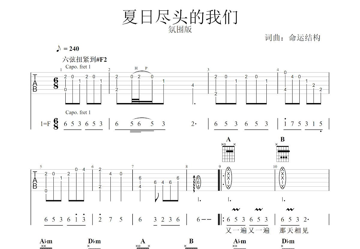 夏日尽头的我们吉他谱_KONI可妮,内向懒懒_E调弹唱
