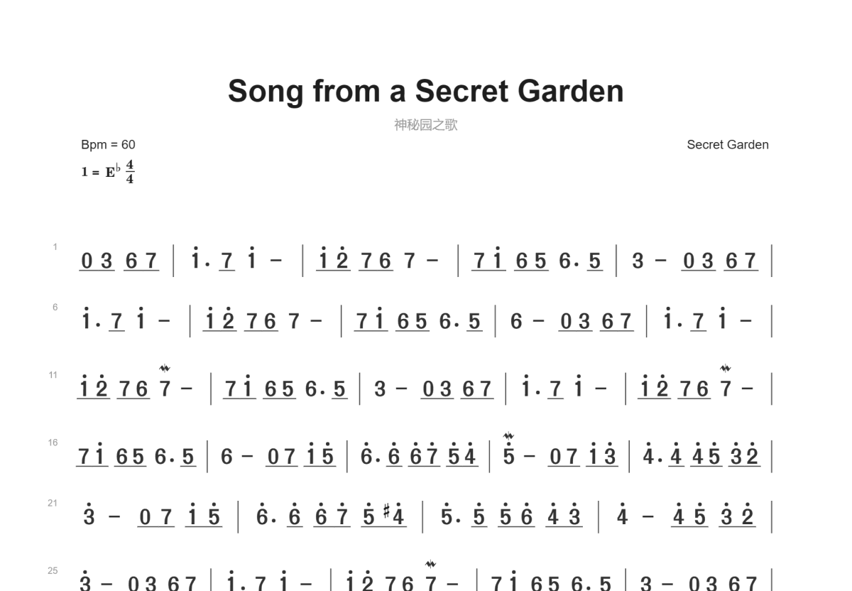 Song from a Secret Garden简谱预览图