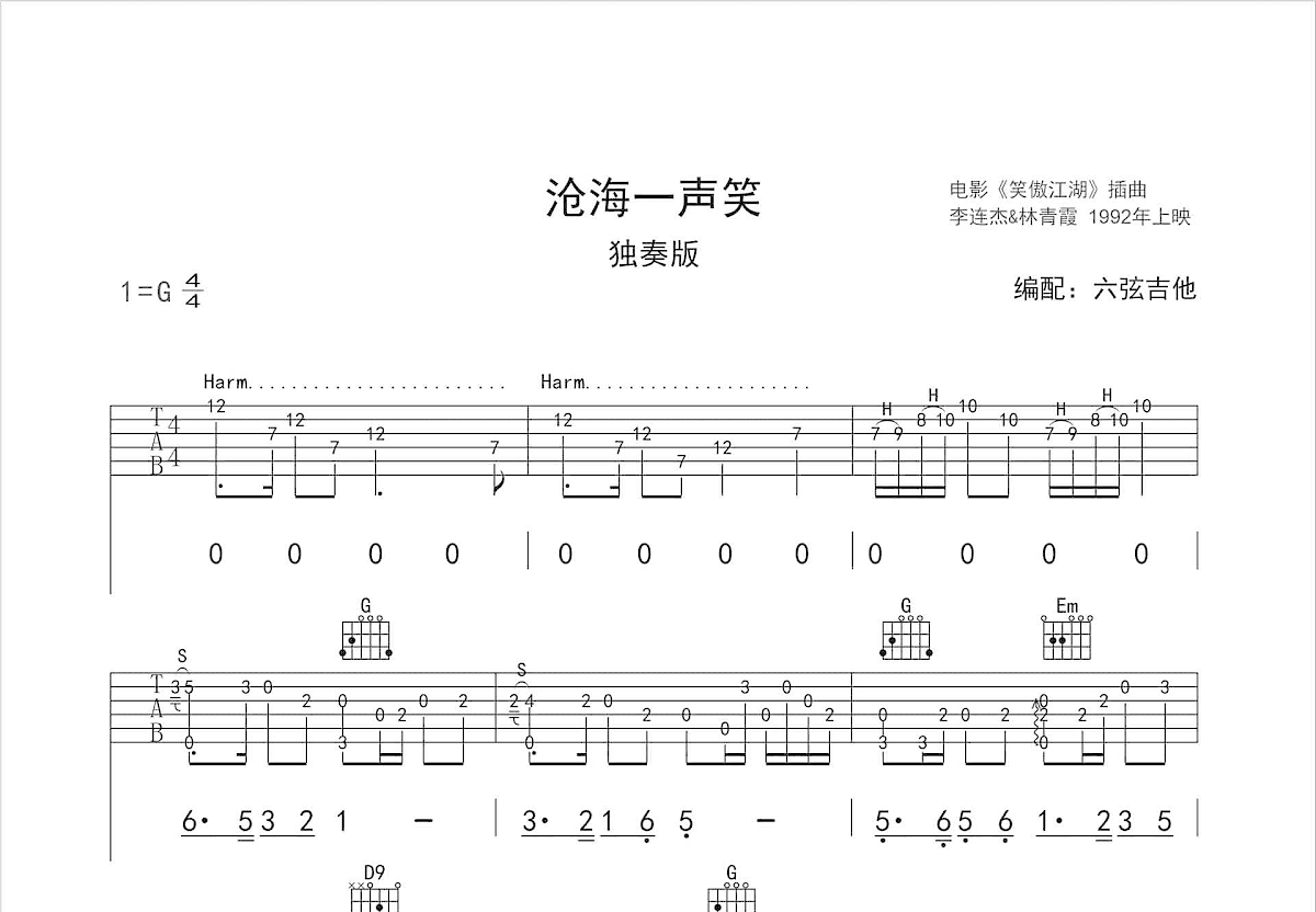 沧海一声笑吉他谱预览图