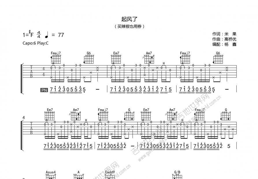 起风了吉他谱预览图