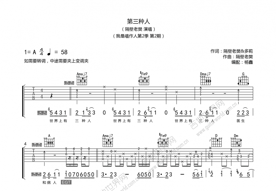 第三种人吉他谱_隔壁老樊_A调弹唱