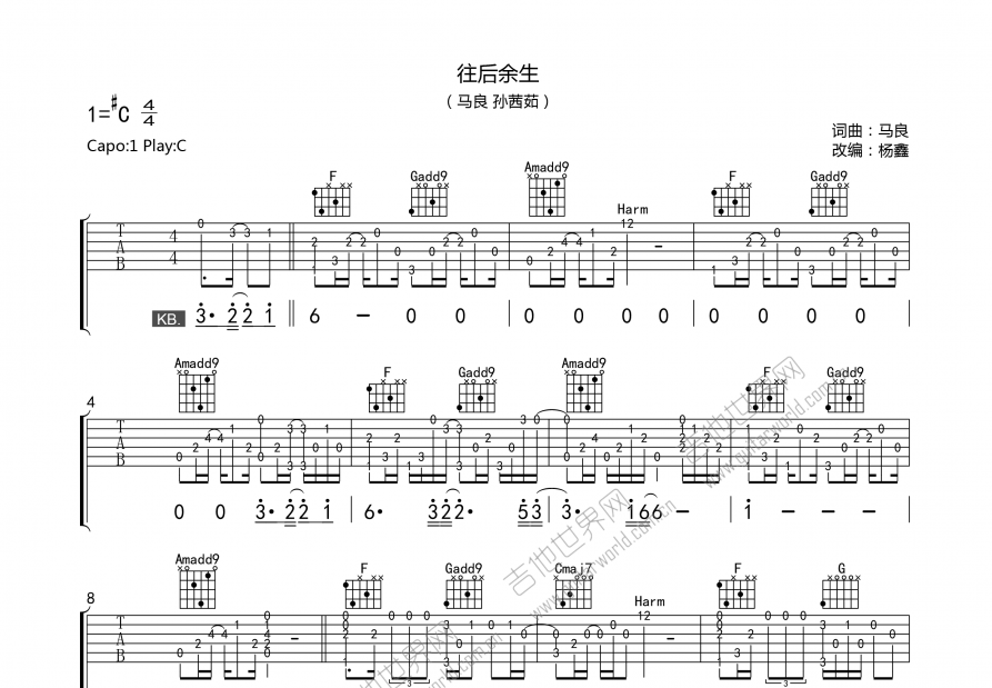 往后余生吉他谱预览图