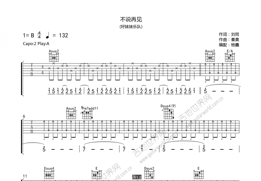 不说再见吉他谱预览图