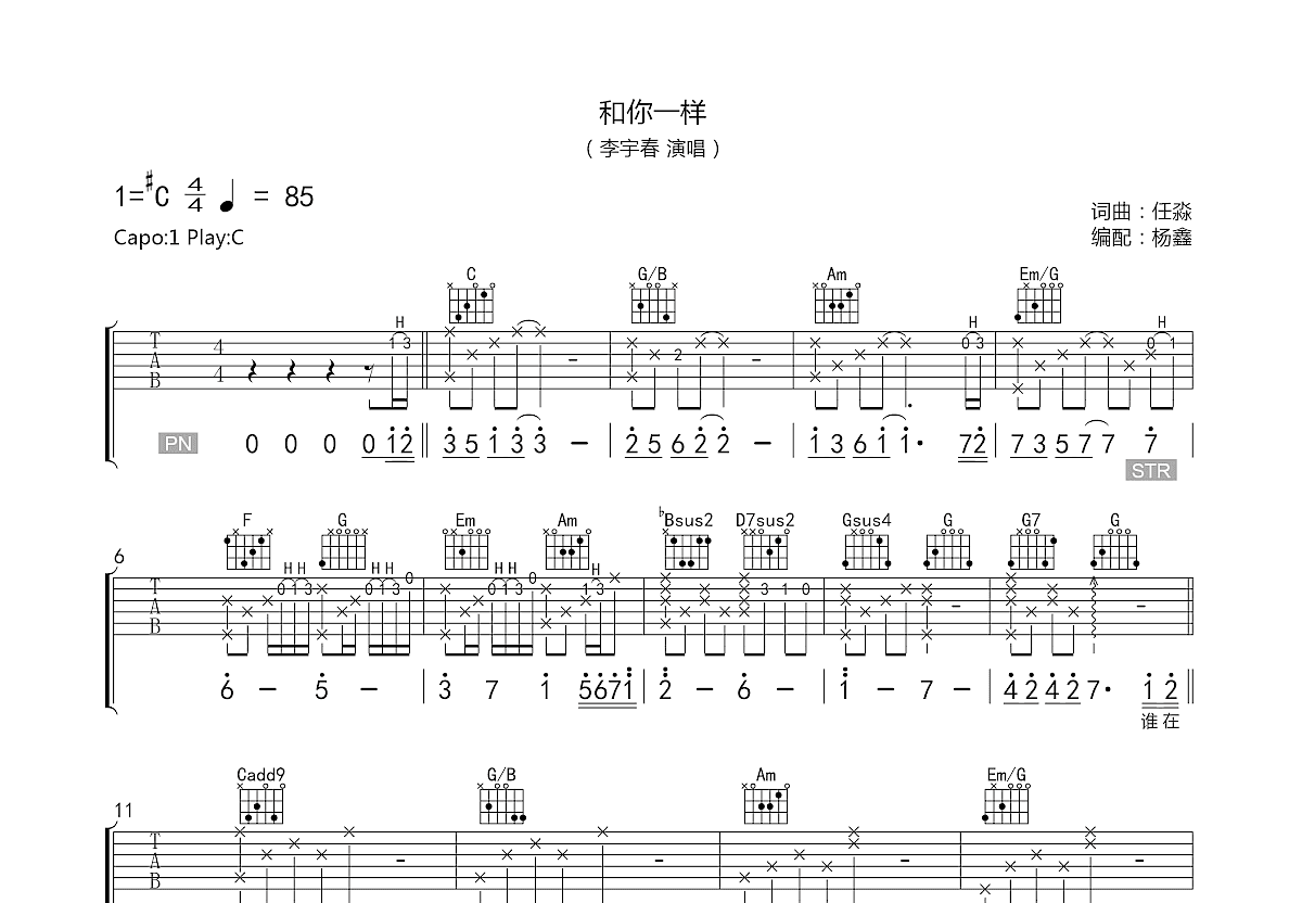 和你一样吉他谱预览图