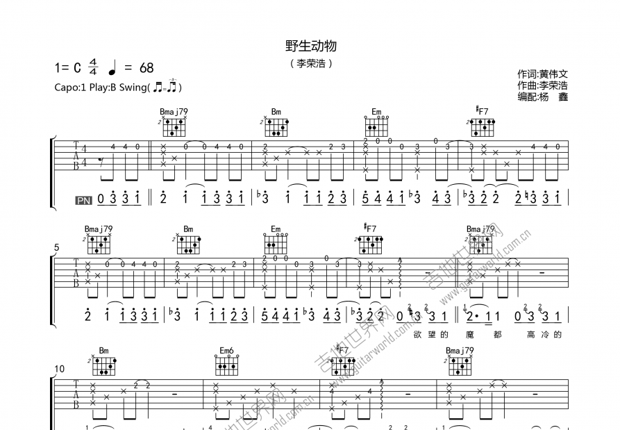 野生动物吉他谱预览图