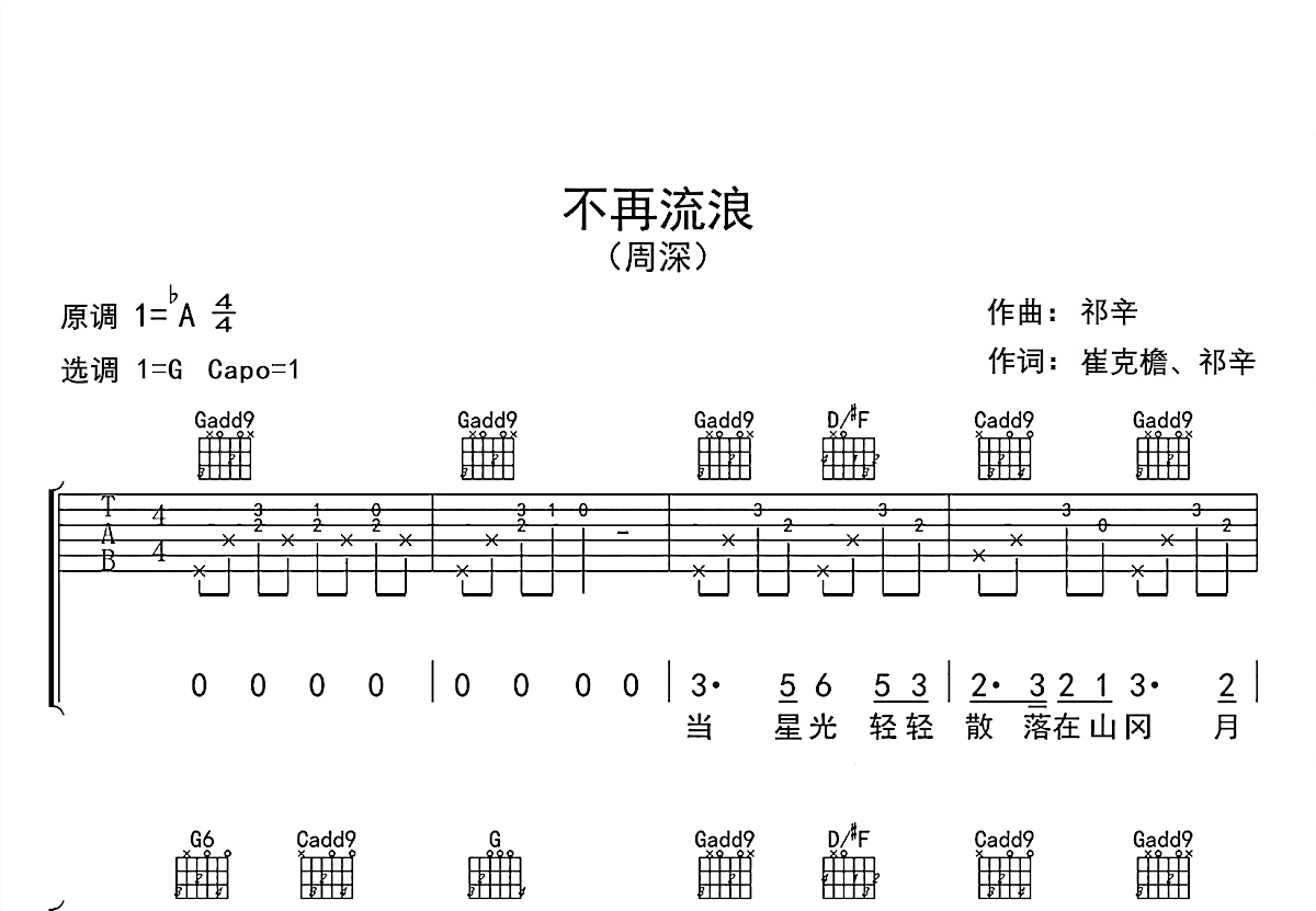 不再流浪吉他谱预览图