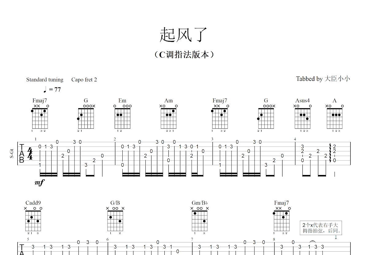 起风了吉他谱预览图