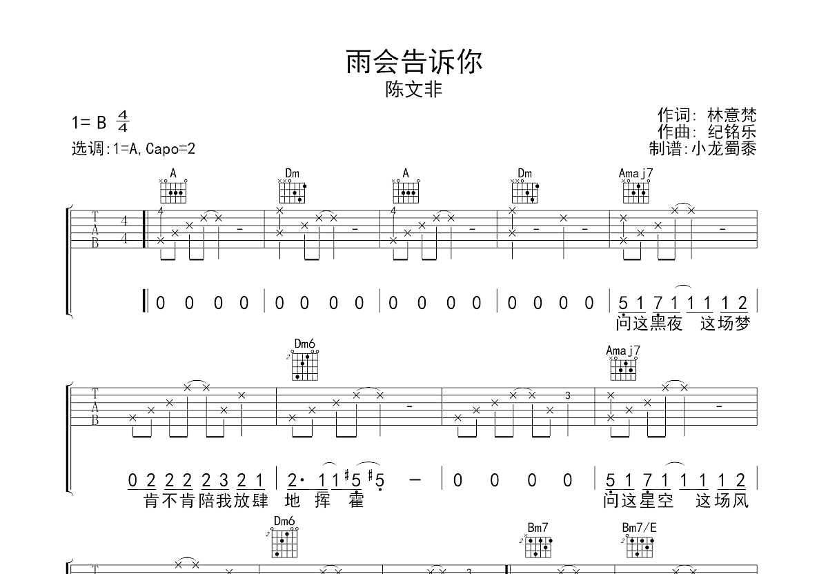 雨会告诉你吉他谱_陈文非_A调弹唱