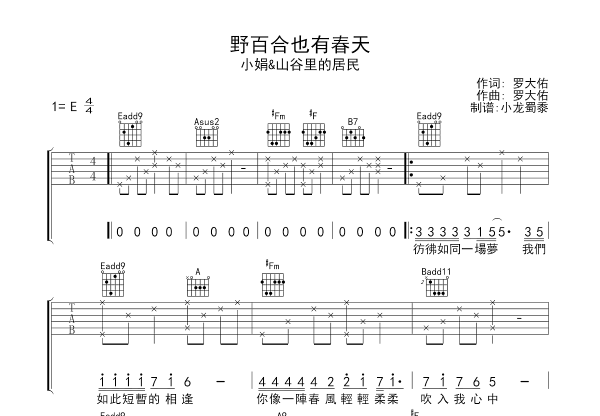 野百合也有春天吉他谱预览图