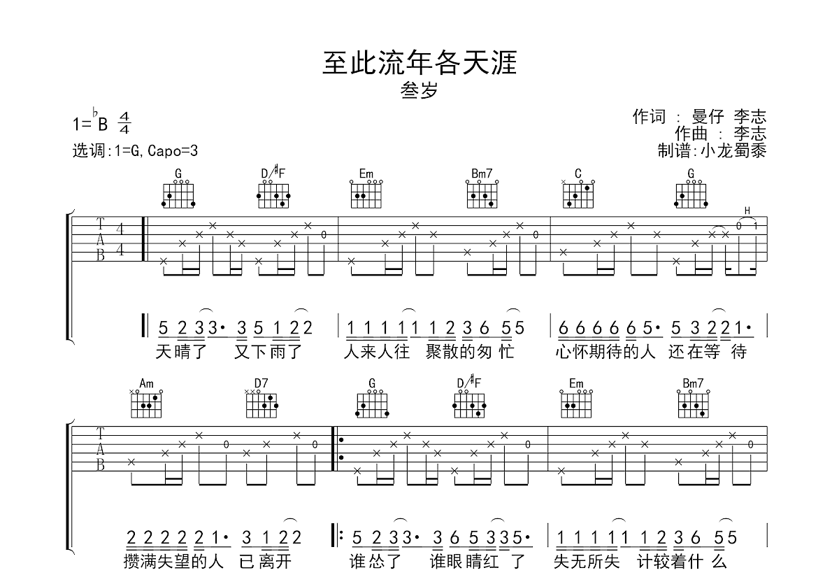 至此流年各天涯吉他谱预览图