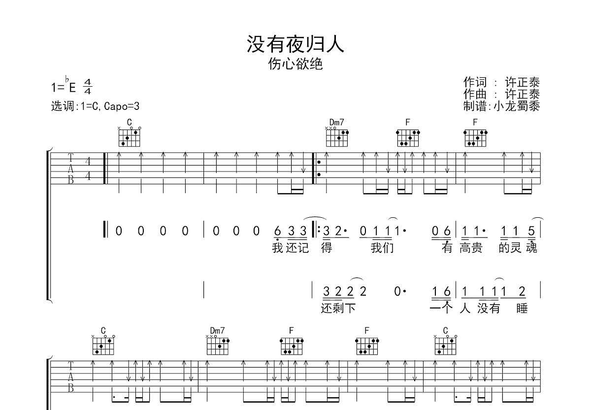 没有夜归人吉他谱预览图