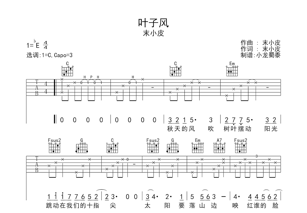 叶子风吉他谱_末小皮_C调弹唱
