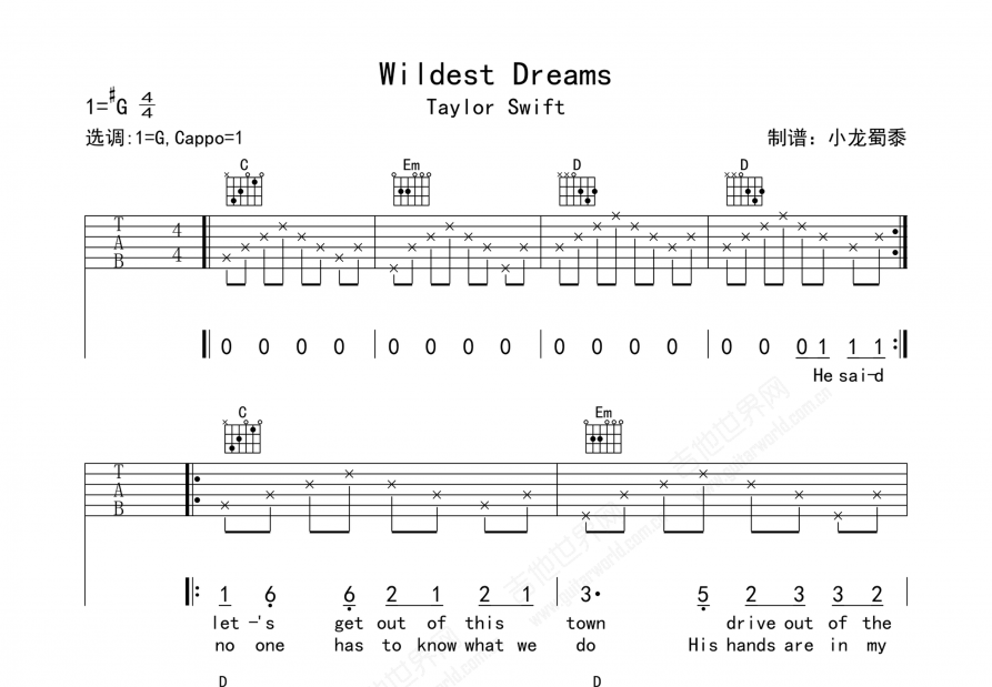 Wildest Dreams吉他谱预览图