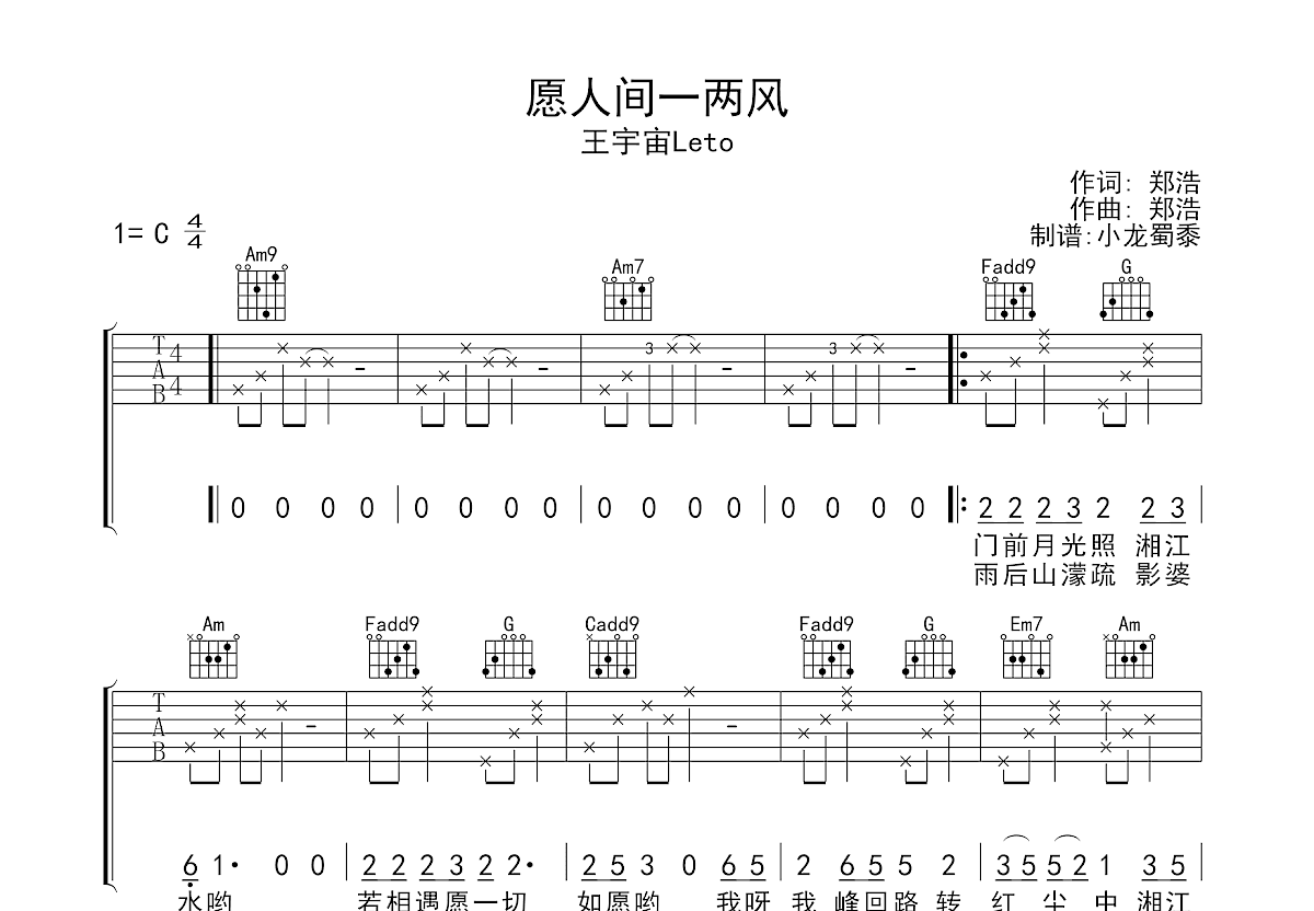 愿人间一两风吉他谱_王宇宙Leto_C调弹唱
