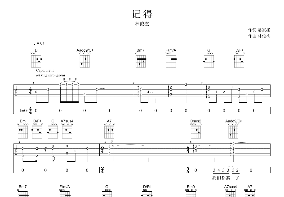 记得吉他谱预览图