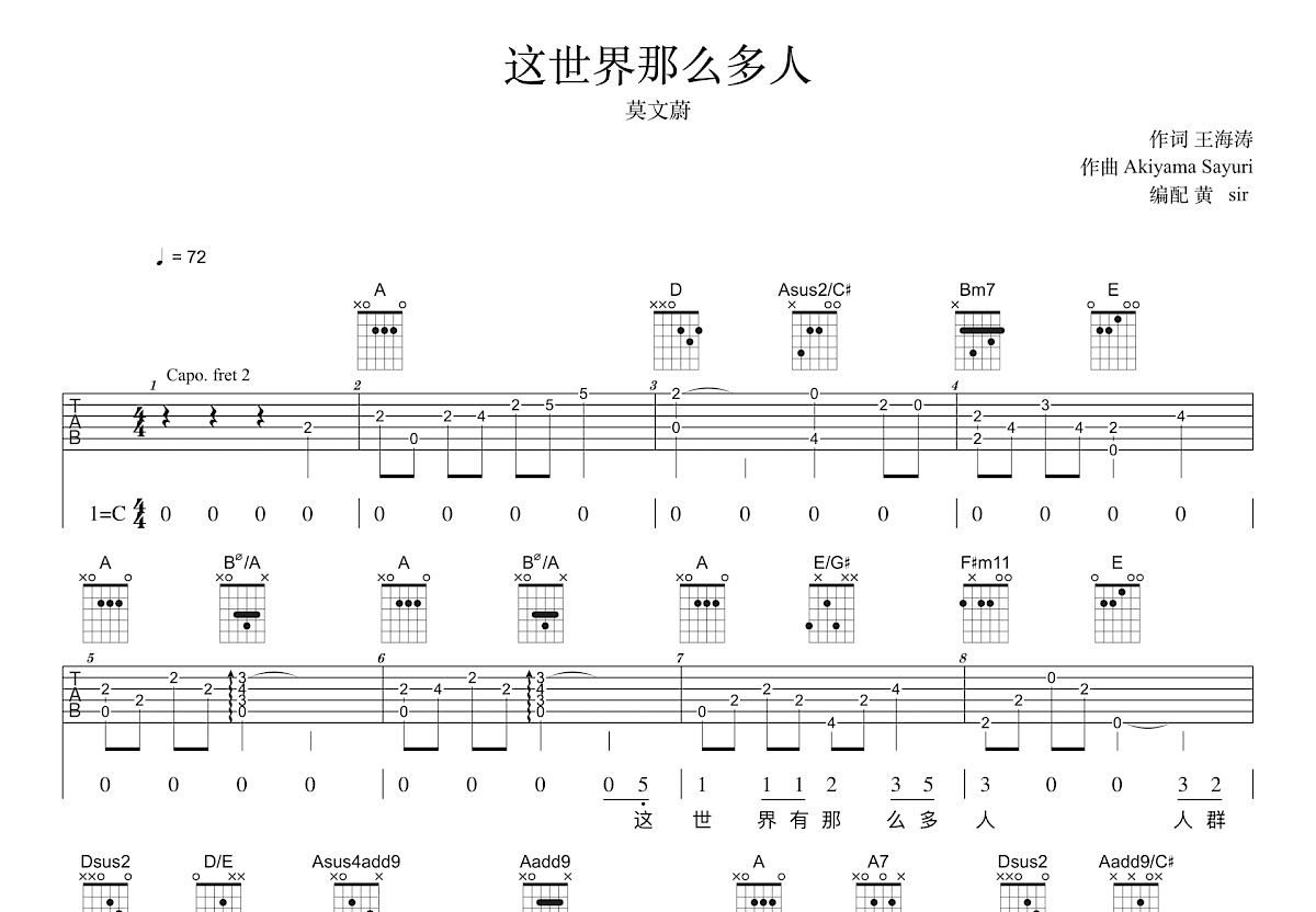 这世界那么多人吉他谱_莫文蔚_A调弹唱