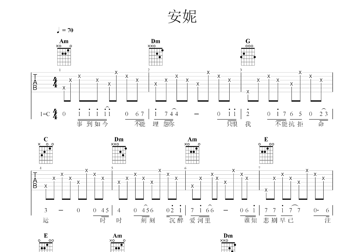 安妮吉他谱_王杰_C调弹唱