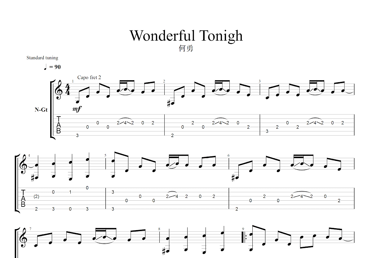 wonderful tonigh吉他谱_wonderful tonigh_D调指弹