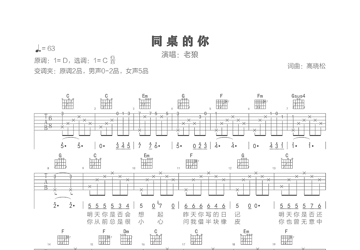 同桌的你吉他谱预览图