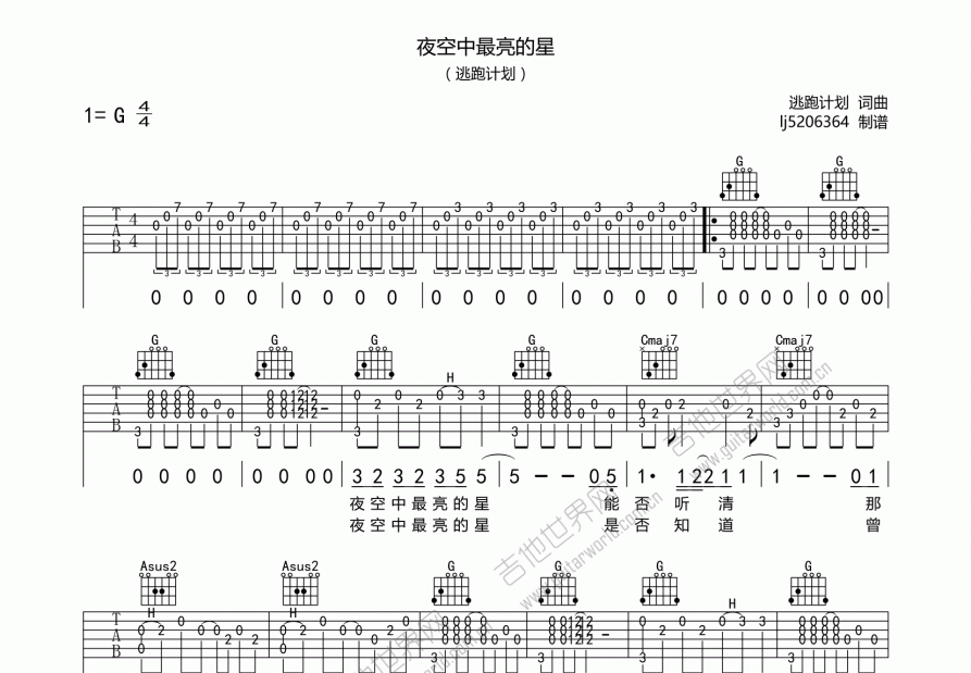 夜空中最亮的星吉他谱预览图