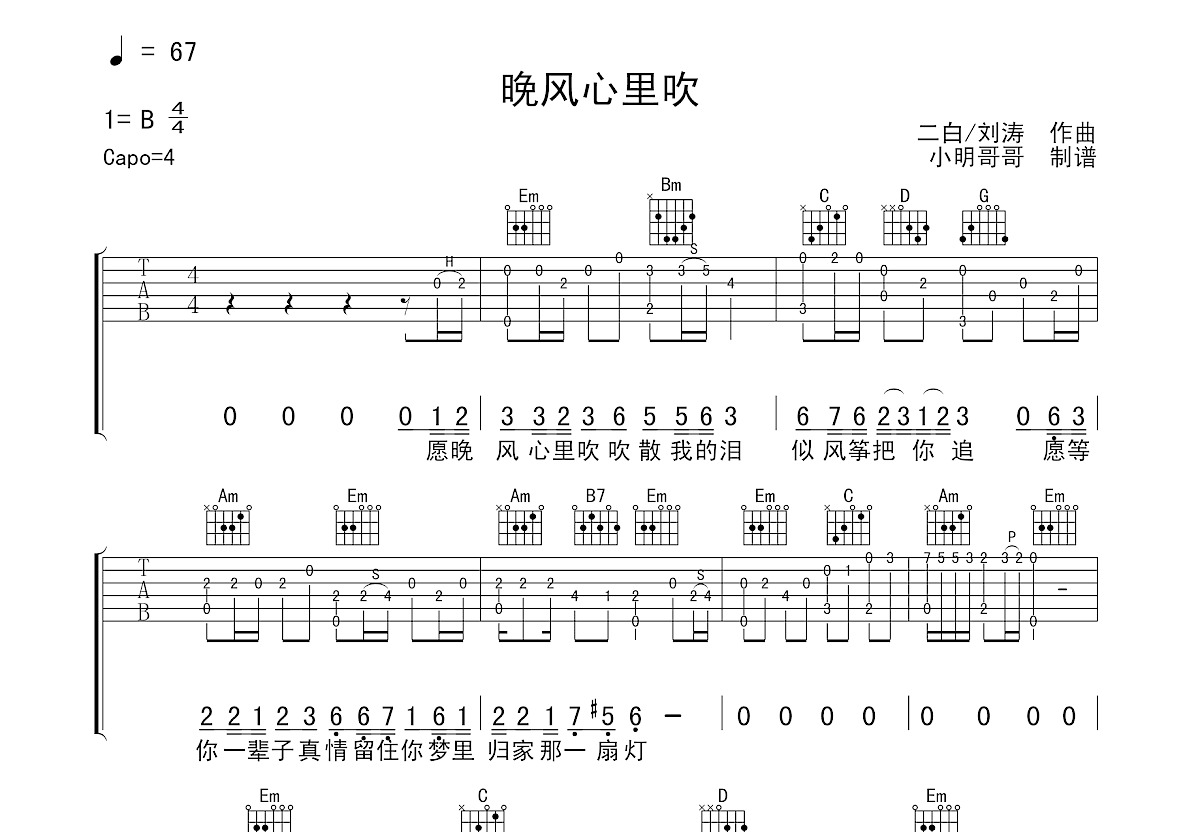 晚风心里吹吉他谱预览图