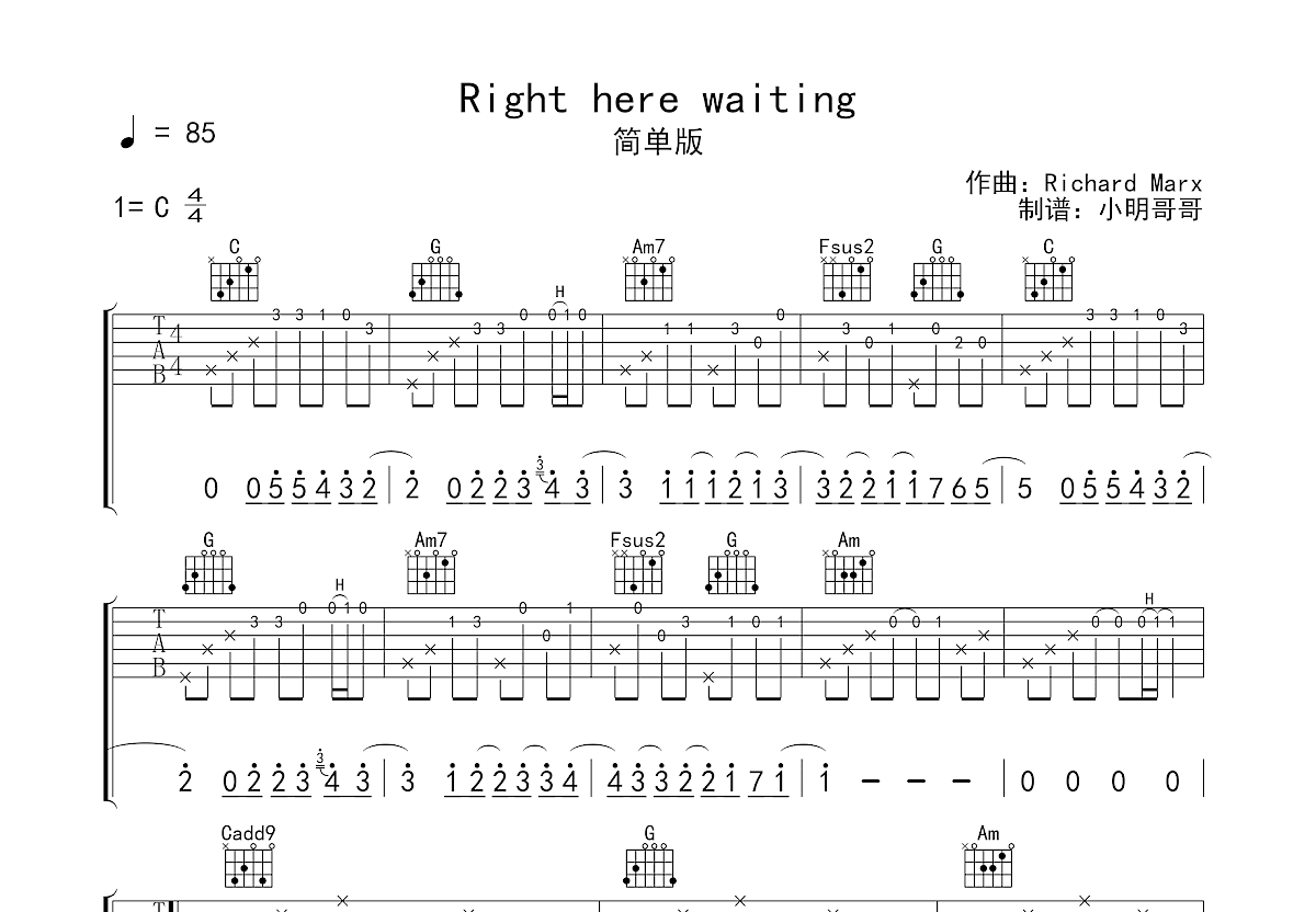 right here waiting吉他谱预览图